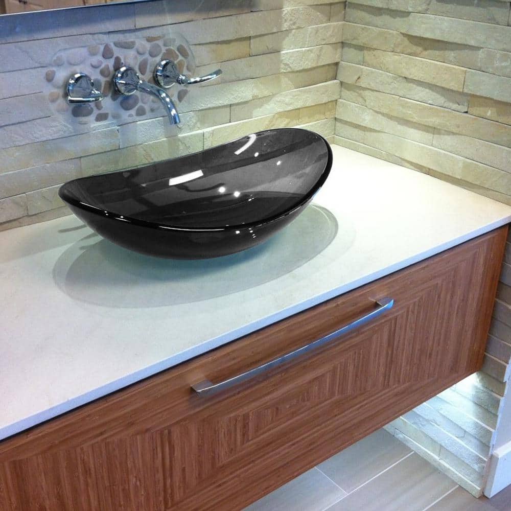 Clear Gray Tempered Glass Oval Above-Counter Bathroom Sink