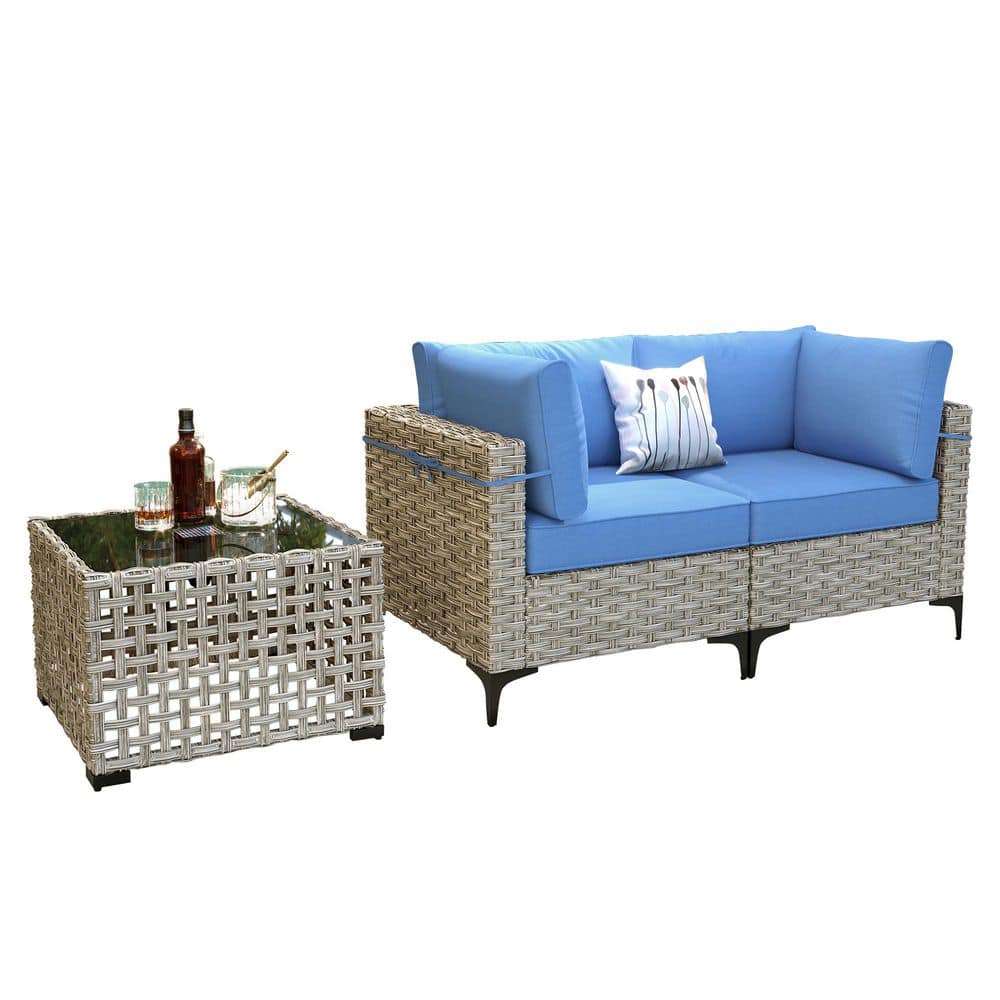 Skelta 3-Piece Wicker Outdoor Patio Conversation Set with Denim Blue Cushions and Lighted Coffee Table price history on PriceWatchPro