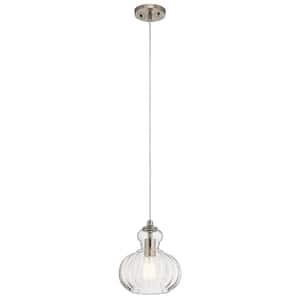 Riviera 10.25 in. 1-Light Brushed Nickel Transitional Shaded Kitchen Mini Pendant Hanging Light with Clear Ribbed Glass