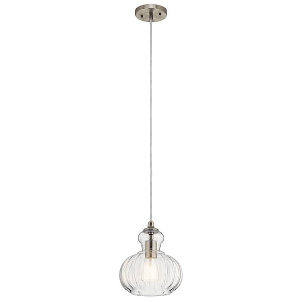 KICHLER Riviera 10.25 in. 1-Light Brushed Nickel Transitional Shaded Kitchen Mini Pendant Hanging Light with Clear Ribbed Glass