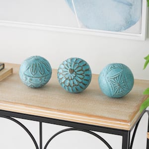 Blue Handmade Paper Mache Intricately Carved Decorative Ball Orbs and Vase Filler with Various Floral Patterns (3- Pack)