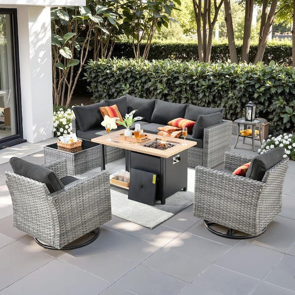 Sanibel Gray 9-Piece Wicker Outdoor Patio Conversation Sofa Sectional Set with a Storage Fire Pit and Black Cushions