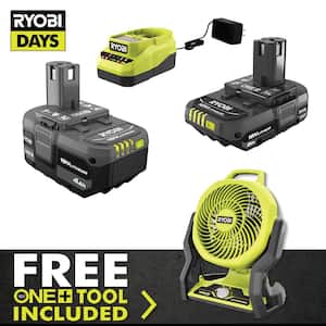 ONE+ 18V Lithium-Ion 4.0 Ah Battery, 2.0 Ah Battery, and Charger Kit with FREE ONE+ Hybrid WHISPER SERIES 7-1/2 in. Fan