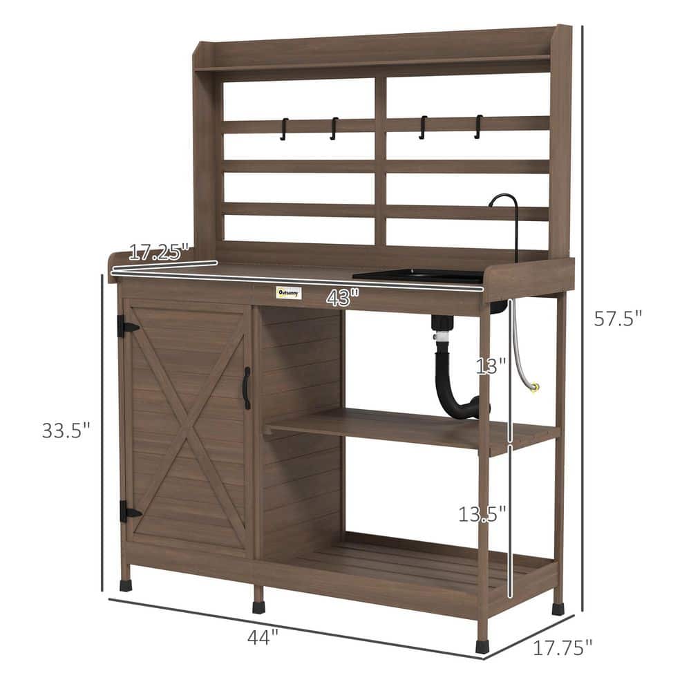 Dark Brown Wooden Outdoor Potting Bench with Storage Cabinet and Sink