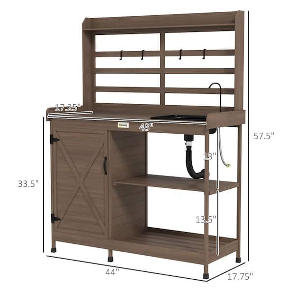 Outsunny - 17.7 in. W x 57.5 in. H Dark Brown Outdoor Wooden Potting Bench Table, Garden Workstation with Storage Cabinet, Shelves