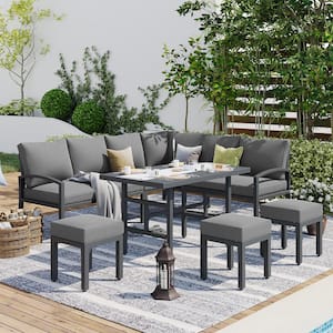 7-Piece Metal Patio Conversation Set Outdoor Dining Sofa Set with TableandChair, Grey Cushions