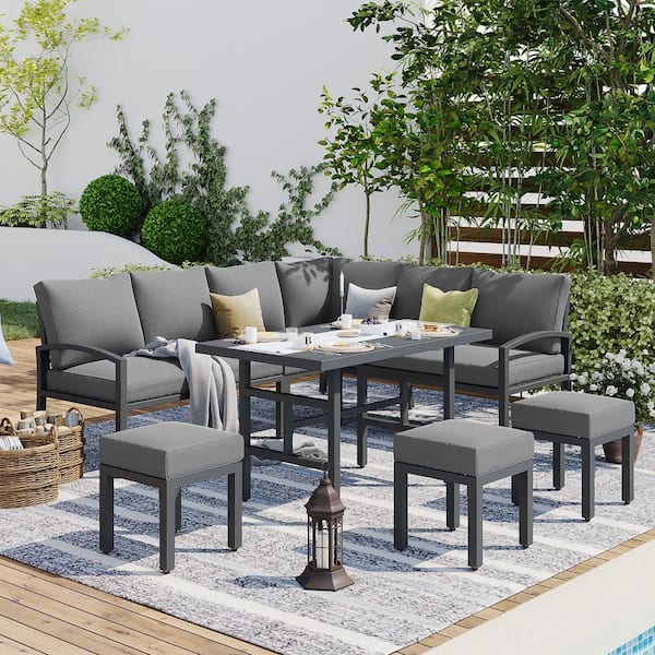 AECOJOY 7-Piece Metal Patio Conversation Set Outdoor Dining Sofa Set with TableandChair, Grey Cushions