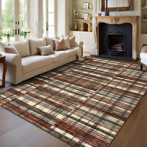 Red 9 ft. x 12 ft. Modern Striped Geometric Pattern Non-shedding Low Pile for Bedroom Living Room Office Area Rug