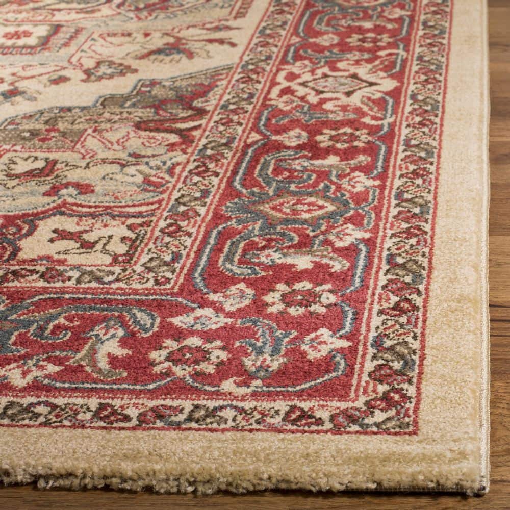 Cream and Red Synthetic Square Stain-Resistant Area Rug
