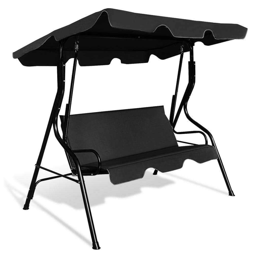 3-Person Black Steel Frame Outdoor Patio Canopy Swing with Cushioned RI ...