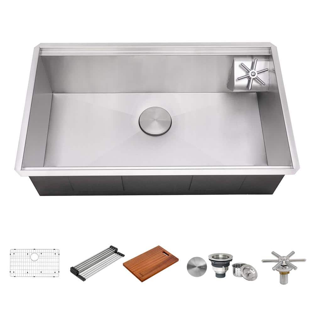 Ibiza 32-Inch Stainless Steel Single Bowl Workstation Sink with Glass Rinser
