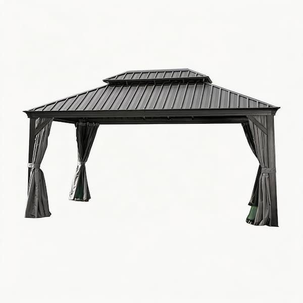 12 ft. x 16 ft. Grey Hardtop Gazebo with Galvanized Steel Double Roof, Aluminum Frame, Curtains and Netting for Patio