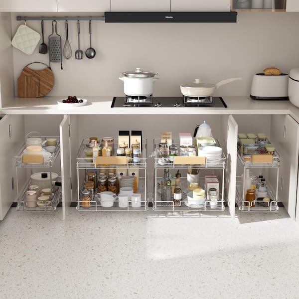 HOMEIBRO 19.5 in. W x 21.5 in. D x 15 in. H 2-Tier Pull-Out Organizer under Cabinet Storage for Kitchen with Wooden Handle