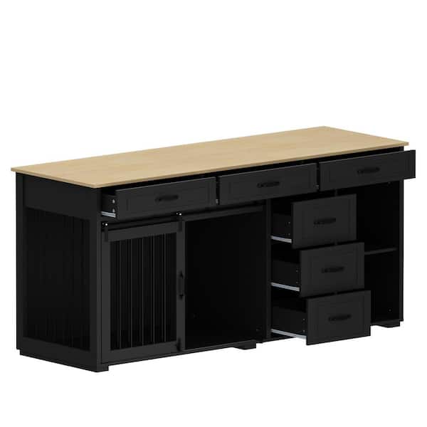 FUFU&GAGA Indoor Furniture Style Dog Cage, Large Wooden Dog House with Six Drawer Two Compartment Dog Crate for Dogs, Black