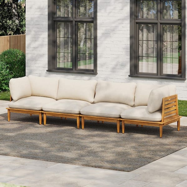 Sacova 4-Piece Armrest Solid Wood Patio Outdoor Sectional Sofa Set with Beige Cushions, Teak Finish Frame