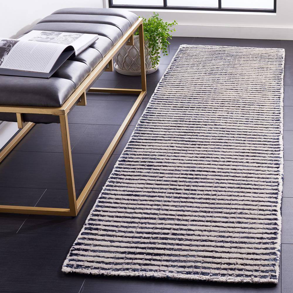 Blue and Ivory Tufted Wool Abstract Runner Rug