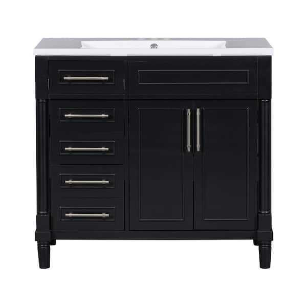 36 in. Single Sink Freestanding Black Bath Vanity with White Resin Top, Adjustable Shelf, Solid Wood Frame