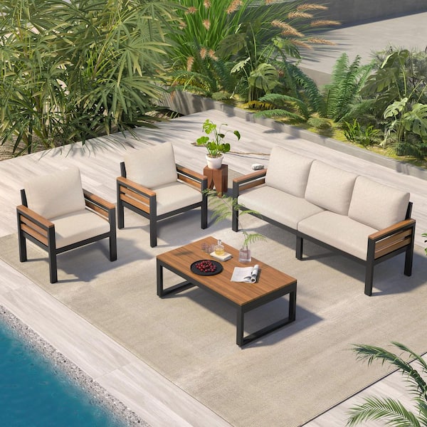 4-Piece Metal Outdoor Patio Conversation Set with Removable Beige Cushions and Solid Wood Coffee Table
