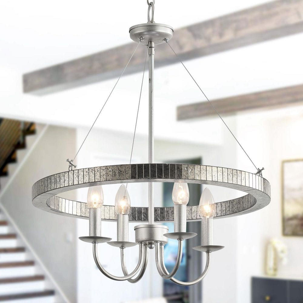 Farmhouse Brushed Nickel Wagon Wheel Candle Style Chandelier - 19.7" W x 23.6" H
