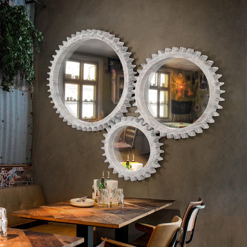 Antiqued White Distressed Wood Round Gear-Shaped Mirror 34" x 34"