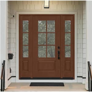 Regency 64 in. x 80 in. 3/4-6 Lite Clear Glass LH Chestnut Stain Mahogany Fiberglass Prehung Front Door w/Dbl 12in.SL