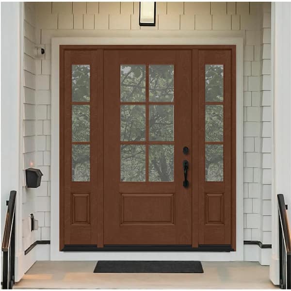 Regency 68 in. x 80 in. 3/4-6 Lite Clear Glass LH Chestnut Stain Mahogany Fiberglass Prehung Front Door w/Dbl 14in.SL