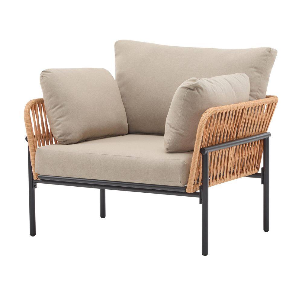 Beige and Light Wood-Tone Rope Iron Framed Outdoor Lounge Chair with Beige Cushions-Modern Comfort for Indoor; Outdoor price history on PriceWatchPro