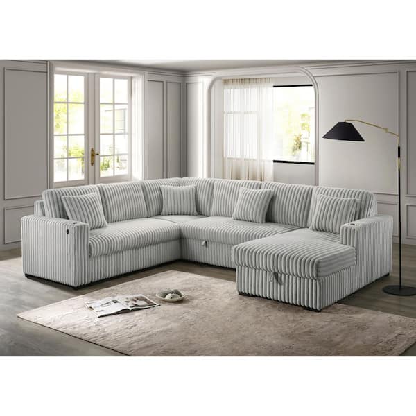 Jeniel 95 in W. Straight Arm 3-Piece Velvet Corduroy L-Shape Sectional Sofa in Light Grey Color