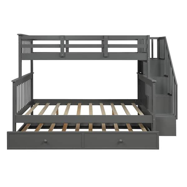 JASMODER Stairway Gray Twin-Over-Full Bunk Bed with Twin size Trundle ...