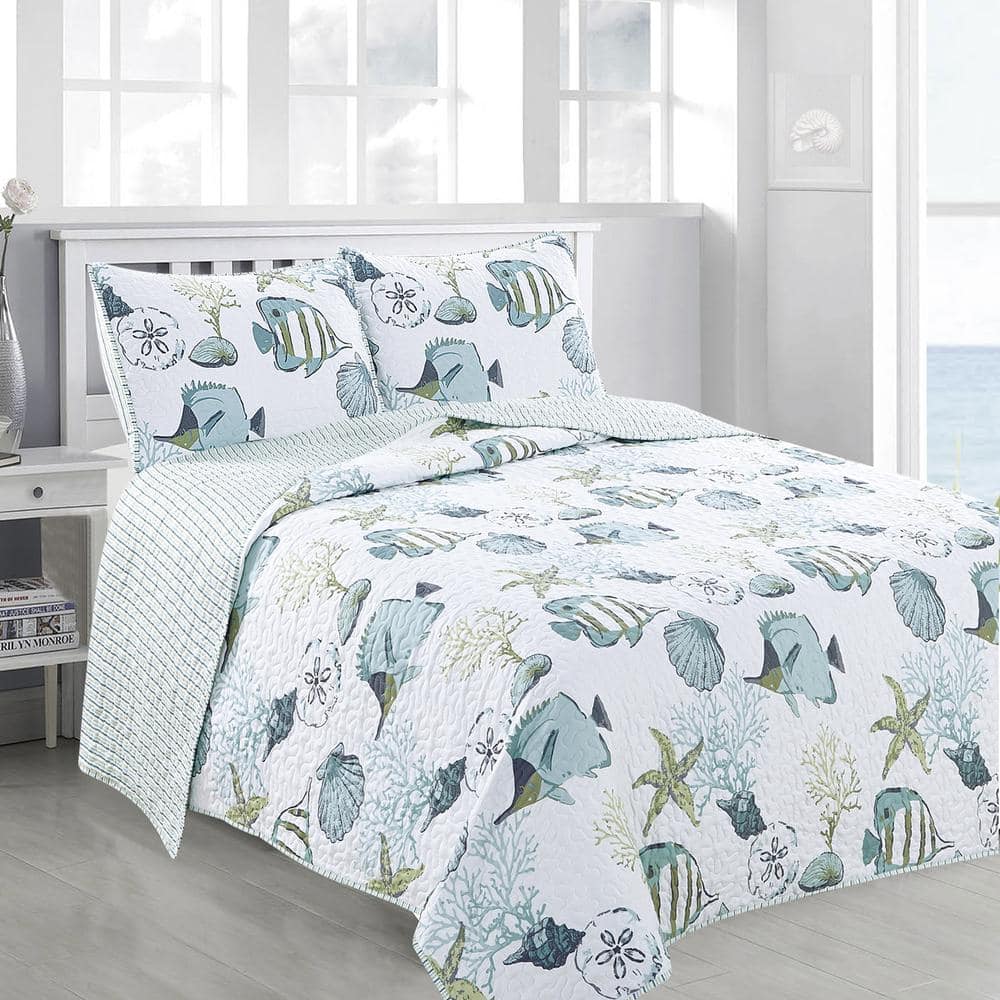 Full White Microfiber Reversible Nautical Bedspread Set