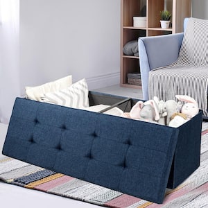 Navy Fabric Folding Storage Ottoman Storage Chest with Divider Bed End Bench