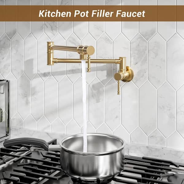 1.8 GPM Wall Mounted Foldable Kitchen Pot Filler with Double Handle in Brushed Gold