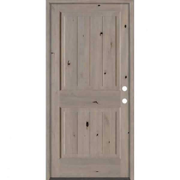 36 in. x 80 in. Knotty Alder Left-Hand/Inswing Sq. Top VG BEHR Weathered Gray Stain Exterior Wood Prehung Front Door