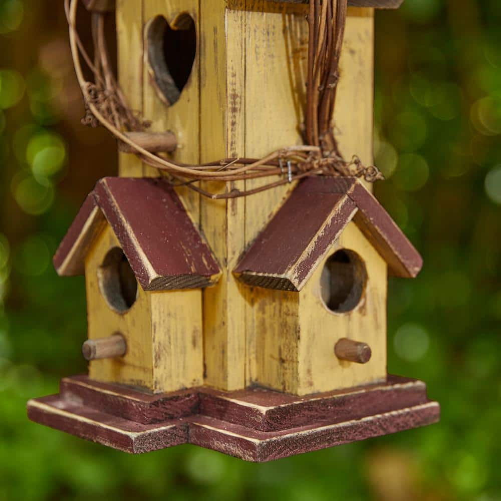 11.5 in Washed Yellow Distressed Solid Wood Cottage Birdhouse with Rattan