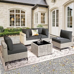 Supery Gray 5-Piece Wicker Patio Conversation Seating Set with Black Cushions and Coffee Table