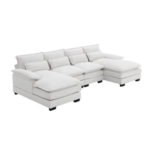 109.8 in. x 55.9 in. Square Arm Chenille U-Shaped Sectional Sofa with Waist Pillows in White