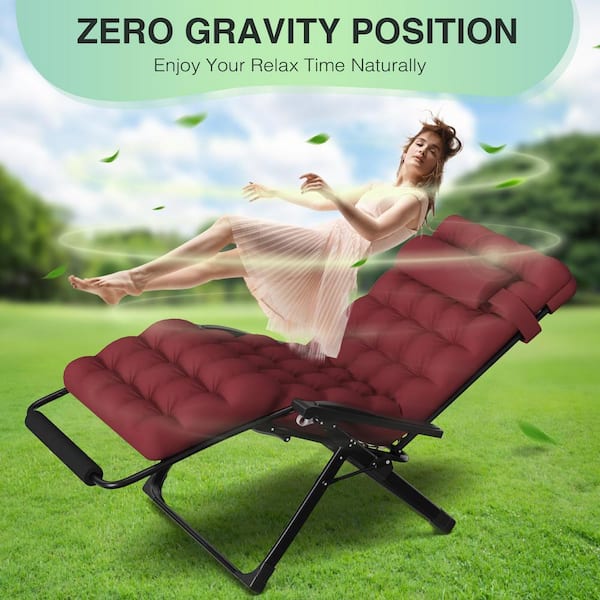 Luna 33 in.W Oversized Zero Gravity Chair Metal Outdoor Chaise Lounge with Claret Removable Cushion and Headrest
