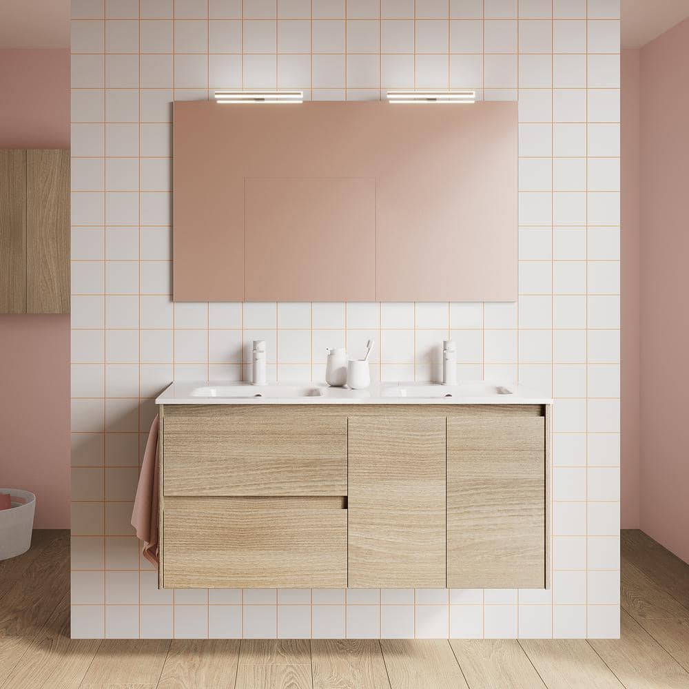 Ambra 48" Nordic Oak Wall-Mount Double Vanity with Ceramic Top