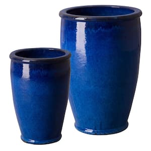 13 in. x 20 in., 18 in. x 27 in. H Ceramic Round Planters, Blue S/2