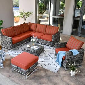 Mille Lacs Gray 8-Piece NO ASSEMBLY Wicker Patio Conversation Sectional Sofa Set with Striped Orange Red Cushions