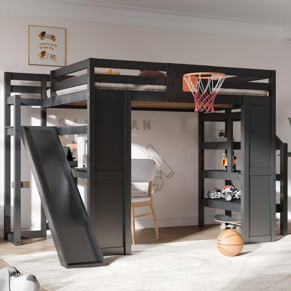 Black Full Size Wood Loft Bed with Storage Staircase, Built-in Desk, Basketball hoop, Slide, Ladder price history on PriceWatchPro