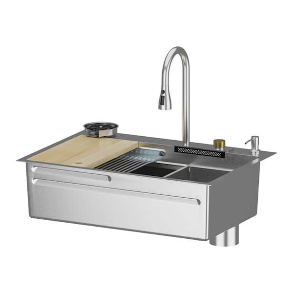 FUFU&GAGA 33.2 in. W Drop-In Single Bowl Silver Stainless Steel Kitchen Sink Workstation Set With Waterfall, Pull-Down Faucet