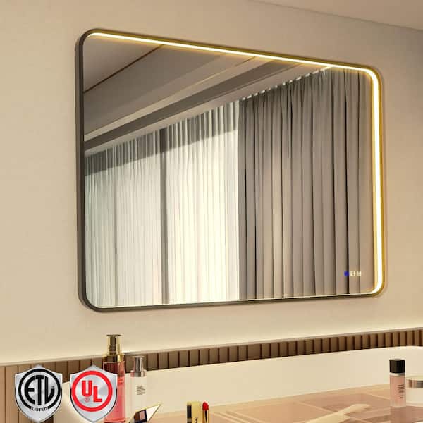 ORGANNICE 48 in. W x 36 in. H Rectangular LED Front Framed Light Black Aluminum Rounded Wall Makeup Mirror