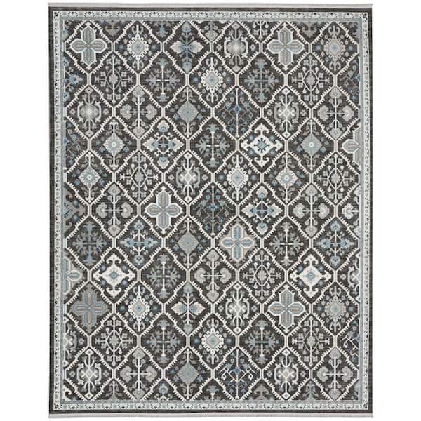 Nourison Lennox Charcoal/Ivory/Blue 8 ft. x 10 ft. Bordered Transitional Area Rug