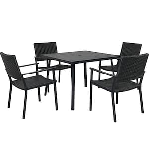 5-Piece PE Wicker Metal Outdoor Patio Dining Table Set with Wood Finish Table and Wicker Chairs for Garden