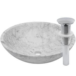 Carrara White Marble Round Vessel Sink with Drain in Chrome
