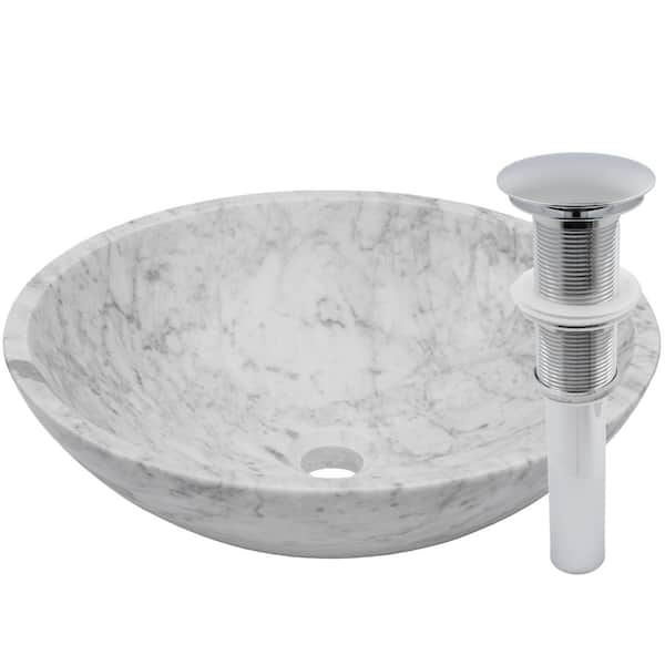 Novatto Carrara White Marble Round Vessel Sink with Drain in Chrome