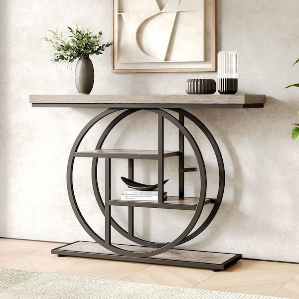 BYBLIGHT Turrella 41.3 in. Grey Rectangle Wood Console Table with Storage Shelves