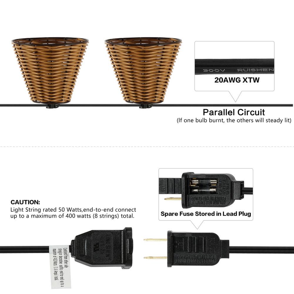Brown Faux-Rattan Cone Shade Outdoor LED String Lights