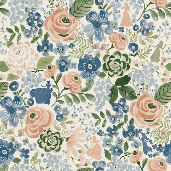 RoomMates Disney Princess Blue Watercolor Floral Peel and Stick Wallpaper